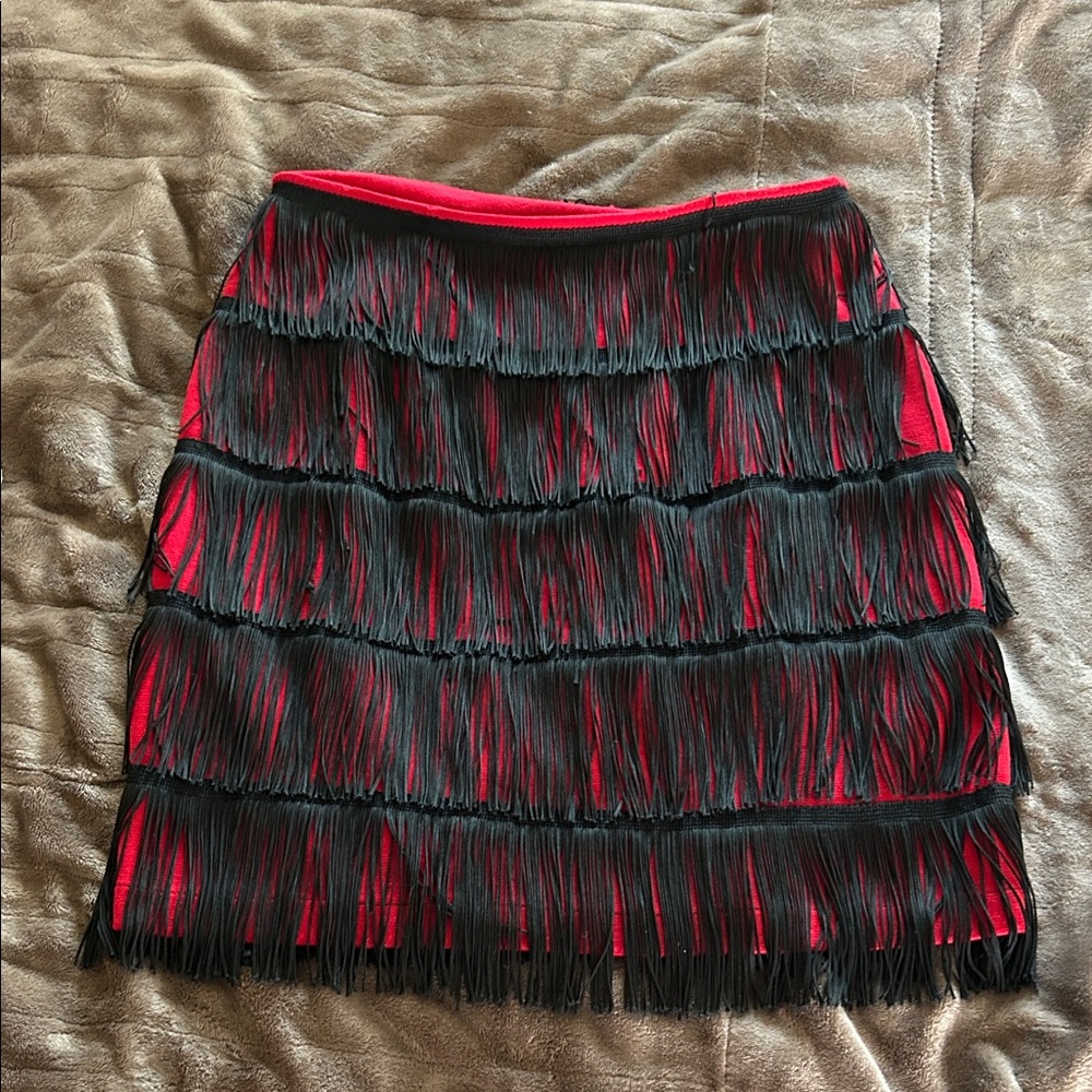 Chic Red and Black Fringe Mini Skirt